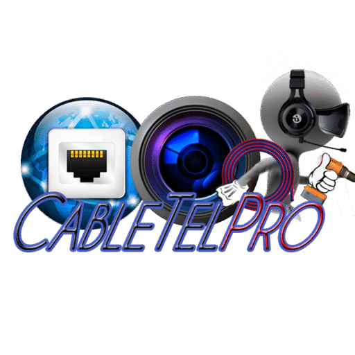 CableTel Pro logo showing a globe, Ethernet connection, camera lens, and headset, symbolizing smart security camera installation, structured cabling, and technology services in Metro Atlanta